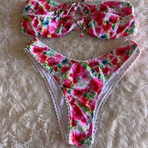 SHEIN Floral Rose Bikini Set - Pink and Green Medium